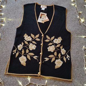 Jaclyn Smith Women's Med Sweater Vest Black Bead Metallic Gold Embroider NWT